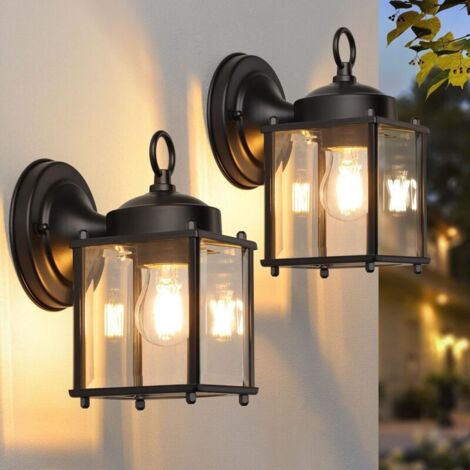 Dos apliques de pared exteriores impermeables, cuerpo negro con pantalla de cristal transparente, adecuados para iluminar puertas de garaje y porches, portalámparas E26 (bombilla no incluida)