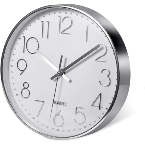Reloj de pared plateado de primera calidad (20 cm/12'', plateado), decoración de pared, moderno y silencioso, ideal para cocina, hogar y oficina.
