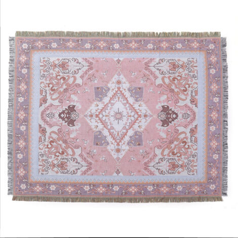 Manta de punto a cuadros con estampado rosa de 160 x 130 cm, decorada con flecos, estilo bohemio, simple, suave y cómoda, ideal para sofá, sillón, descanso y siesta. (1/5)