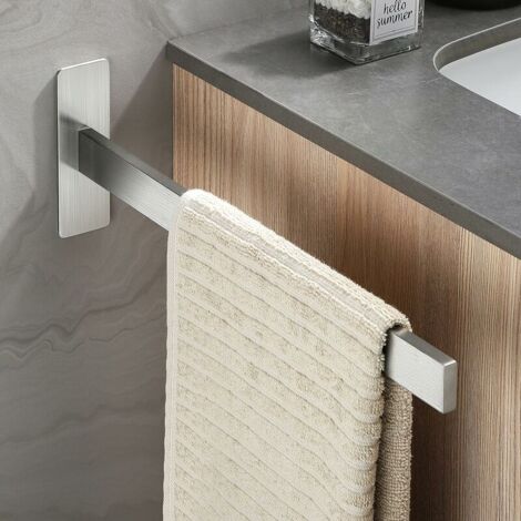 Toallero de barra sin perforaciones, de un solo brazo, de acero inoxidable 304 cepillado, para baño, toallero autoadhesivo para invitados, montado en la pared, color plateado para baño