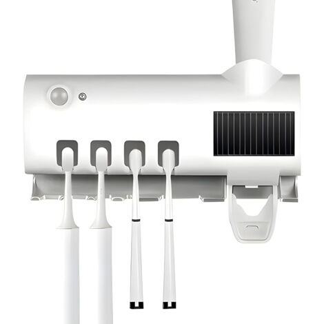 Esterilizador de cepillo de dientes inteligente, soporte para cepillo de dientes doméstico con dispensador de pasta de dientes, fácil de instalar, blanco (1/4)