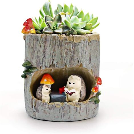 1 maceta creativa con forma de árbol, minimaceta redonda con forma de animal con drenaje, temática de erizo, decoración de interior o de oficina (planta no incluida) (1/5)