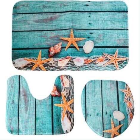 (Juego de 3) Alfombrilla de baño con diseño de conchas marinas, funda de cojín para baño de vacaciones de verano, alfombrilla antideslizante para inodoro, juego de suelo con estrellas de mar (1/5)