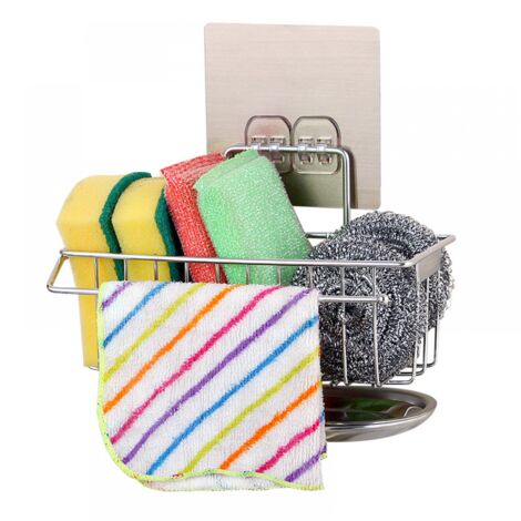 Soporte para esponja de fregadero de cocina de acero inoxidable de 19 x 9 x 7 cm, adecuado para colocar cepillos y paños de cocina, sin necesidad de perforar agujeros. (1/5)