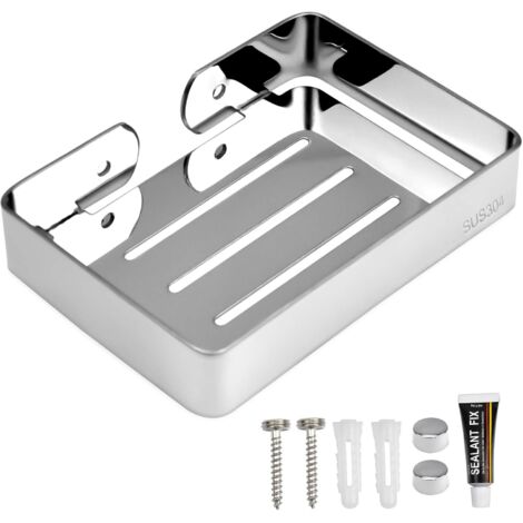 (Plata) Jabonera de acero inoxidable sin perforaciones, soporte autoadhesivo para esponja de cocina, adecuado para baño y cocina (1/5)