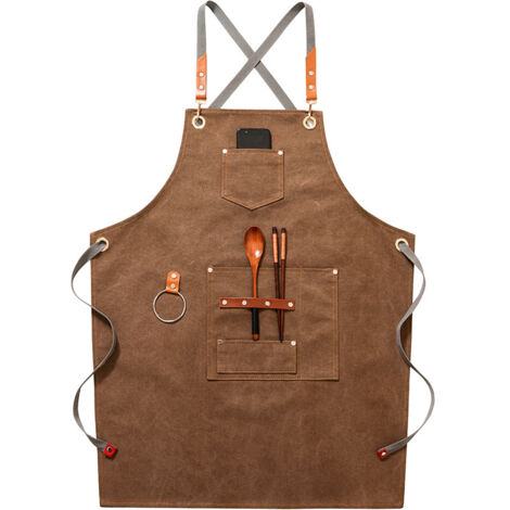 Delantal vaquero de alta calidad (caqui) con bolsillos para peluqueros, pintores, jardineros y estilistas, tanto para hombres como para mujeres. (1/5)