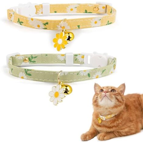 Paquete de 2 collares de algodón para gatos con cascabel y colgante de flor amarilla y verde, bonito collar para gatitos. (1/5)