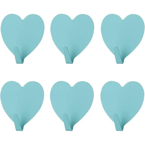 Ganchos de pared decorativos en forma de corazón (azul), paquete de 6, de acero inoxidable con adhesivo fuerte, para el hogar, la cocina, el baño y la oficina. (1/5)