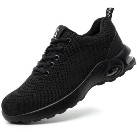Luftpolster-Sicherheitsschuhe für Herren und Damen, leichte Turnschuhe, rutschfest, atmungsaktiv, zum Schnüren, mit Stahlkappe, schwarze Schuhe, Größe 43 (1/5)