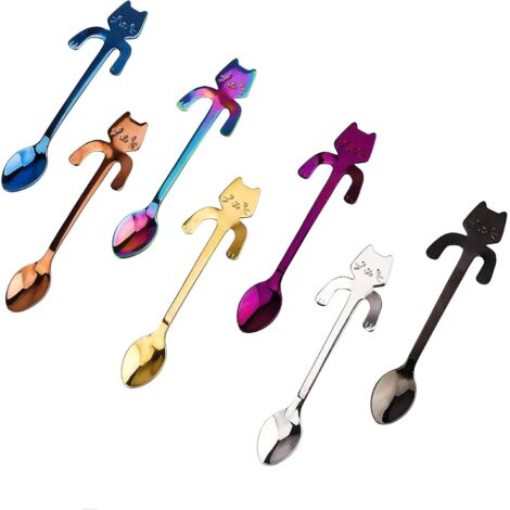 Cucchiaino da caffè per gatti Cucchiaino da caffè da appendere in acciaio inossidabile Mini cucchiaino per mescolare Design gattino per tè, latte, caffè, dessert, bevande, frappè 7 pezzi (multicolore) (1/5)