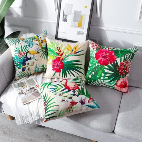 2 Federe Cuscino 40x40 Cm Motivo Tropicale - Tema Floreale Estivo In Tessuto Lino Poliestere, Con Cerniera Nascosta, Per Divano E Soggiorno
