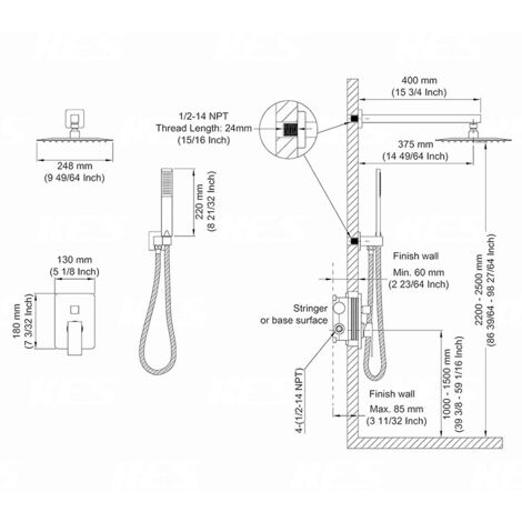Columna De Ducha Empotrada, Set De Ducha Empotrado, Set De Ducha Empotrado Set De Ducha Empotrado Cromo Kit De Ducha Empotrado Con Rociador Cuadrado 25x25cm Laton Y Acero Inoxidable Negro 85440285