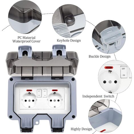 Enchufe exterior impermeable IP66, toma de corriente doble y persiana de protección, regleta eléctrica de pared para jardín, toma a prueba de polvo y viento con interruptor, luz indicadora (1/5)