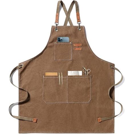 Delantal de chef, delantal de jardinería de lona de algodón con bolsillos grandes para hombres y mujeres, babero de cocina, delantal de jardinería ajustable y resistente - Café (1/5)