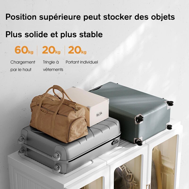 Armoire Pliable Plastique 10 Compartiments - 6 Portes Transparentes, Barre à Suspendre - 69x50x170 Cm - 3
