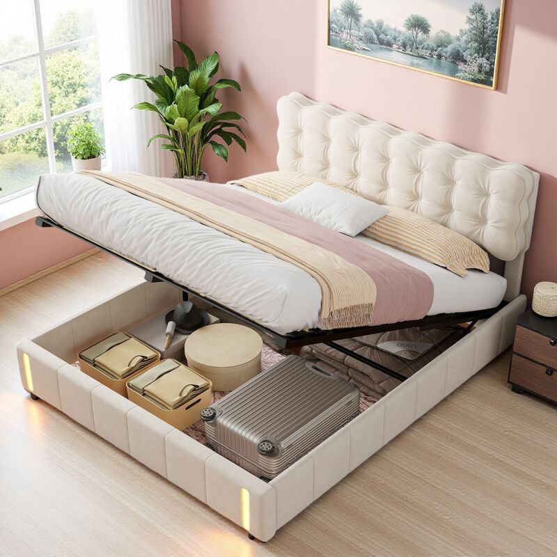 Lit Coffre Double 140x190 Cm Velours Beige - Tête De Lit LED, Rangement, Sommier Lattes, Design Moderne