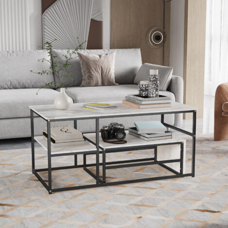 Lot de 2 tables basses, table d'appoint de canapé, plateau en marbre texturé, support en métal géométrique, table basse rectangulaire, pour salon et bureau,Noir (1/5)