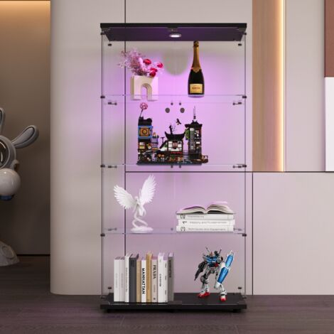 Vitrine en verre éclairée par LED 164x80 x36 cm,avec portes et 4 étagères, portes doubles, sur pied, pour salon, chambre à coucher, bureau,Noir