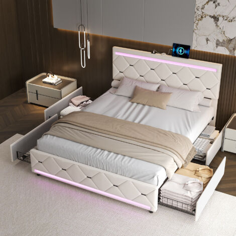 Lit 140x200 cm, lit double, lit adulte, avec 4 tiroirs, éclairage LED, fonction de charge USB, velours, sommier à lattes, lit tiroir, lit jeune,Beige (1/5)