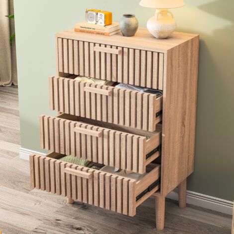Commode 60x34x91 cm, avec 4 tiroirs, poignées en bois, cadre en bois massif, MDF, style maison de campagne, pour salons et couloirs,Bois naturel (1/5)