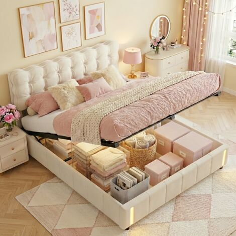 Dans Les Nuages – Lit coffre double 140x190 cm en velours beige – Rangement avec vérin à gaz – Bandes lumineuses LED – Sommier à lattes