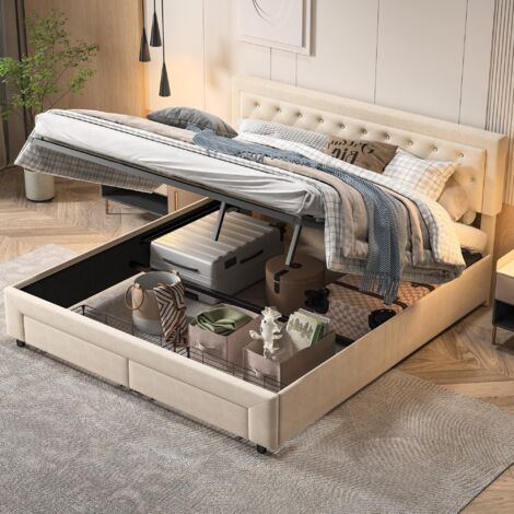 Lit coffre double 180x200 cm, décoration de boutons, deux tiroirs en bout de lit, nombreux rangements, velours, sommier à lattes,Beige