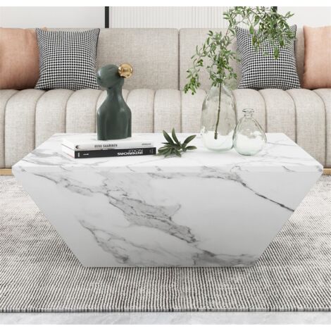 Table basse 70 cm, avec 2 tiroirs, design trapézoïdal, placage marbre blanc, style contemporain, table basse trapézoïdale, 70x70x37 cm (1/5)