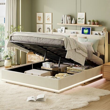Dans Les Nuages – Lit coffre 160x200 cm en velours beige – Éclairage LED intégré – Recharge sans fil USB et Type-C – Rangement hydraulique – Sommier à lattes (1/5)