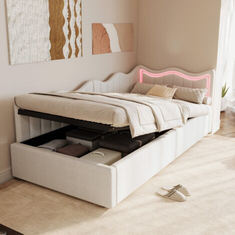 Dans Les Nuages – Lit coffre 90x200 cm en velours – Éclairage LED 7 couleurs – Structure bois massif – Sommier à lattes – Charge max 300 kg (1/5)