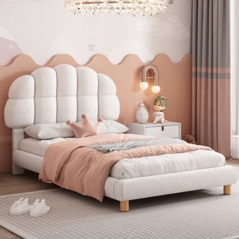 Lit simple 90x200cm avec tête de lit semi-circulaire sherpa, sommier à lattes en bois, adapté aux enfants et adolescents,Blanc (1/5)