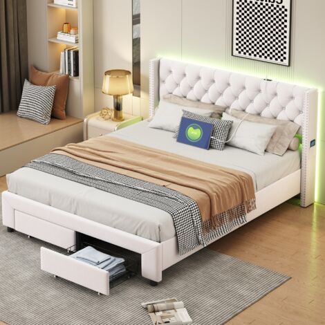 Dans Les Nuages – Lit double 160x200 cm en velours beige – 2 tiroirs au pied – Éclairage LED réglable – Ports USB intégrés – Poches de rangement (1/5)