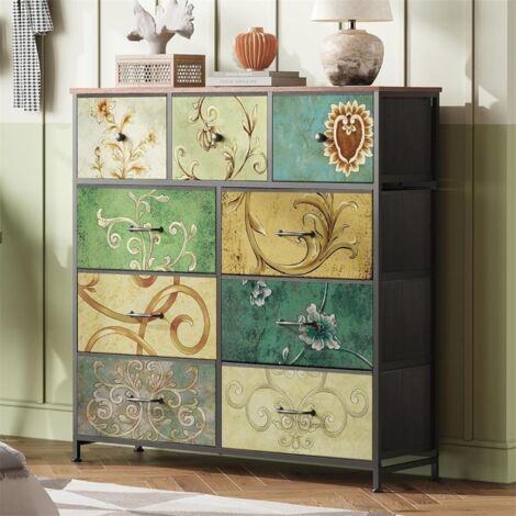 Commode 100 cm, avec 9 tiroirs de rangement, motif vintage, structure en métal, style bohème, meuble de salon en bois,Multicolore