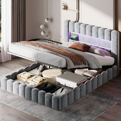 Dans Les Nuages – Lit coffre double 180x200 cm – Éclairage LED réglable – Chargement USB intégré – Rangement pratique – Velours gris – Sommier à lattes hydraulique (1/5)