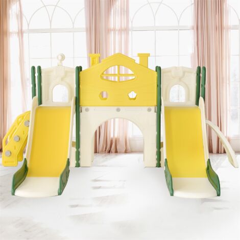 Aire de jeux pour enfants 7 en 1, avec toboggan, passerelle, escaliers, portique d'escalade, télescope, combo double toboggan pour enfants Dream City,Vert