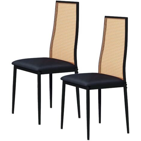 Lot de 2 chaisesde salle à manger, avec dossier haut en rotin tressé, design ergonomique, siège rembourré, pieds réglables, convient pour la salle à manger et le salon,Noir (1/5)