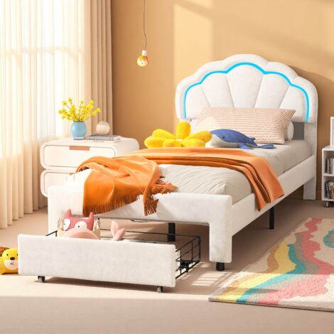 Dans Les Nuages – Lit simple 90x200 cm – Tête de lit pétale en velours – Éclairage LED intégré – 1 tiroir de rangement – Lit enfant blanc (1/5)