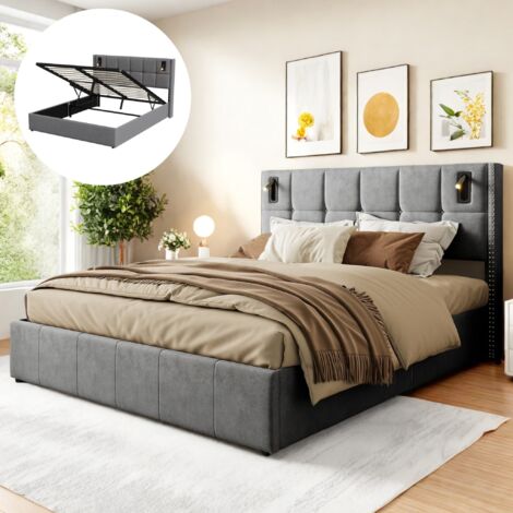 Dans Les Nuages – Lit coffre 140x190 cm avec liseuse – Rangement hydraulique – Velours haut de gamme – Sommier à lattes stable – Design minimaliste moderne
