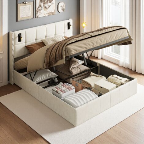Lit coffre 140x190 cm, avec liseuse, rangement hydraulique, velours, sommier à lattes, adapté aux adolescents et adultes,Beige