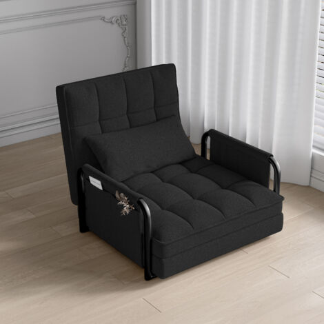 Dans Les Nuages – Canapé-lit 1 place convertible noir – Dossier réglable 5 positions – Poches de rangement – Revêtement en laine d’agneau – Dimensions 82x73x55cm