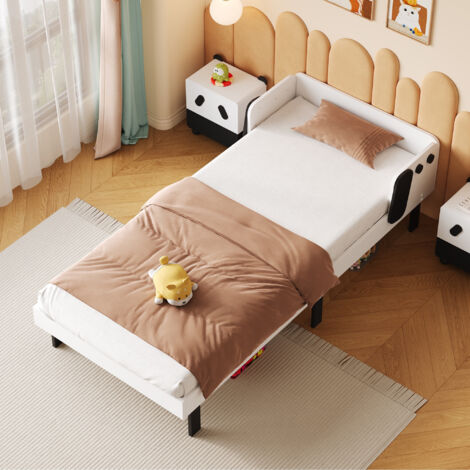 Lit simple 90x200 cm, lit enfant, design chiot, sommier à lattes, cadre en bois massif, lit en bois massif,Blanc (1/5)