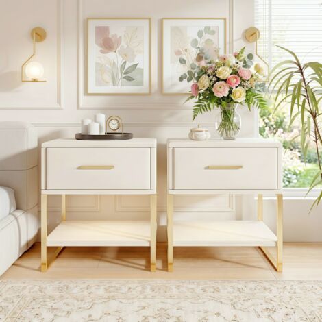 Dans Les Nuages – Lot de 2 tables de chevet en velours beige – Tiroirs LED avec éclairage – Cadre métallique doré – Rangement ouvert pratique