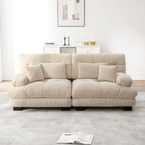 Canapé 2 places Cloud en chenille claire, Structure en bois massif, 2 coussins lombaires et 2 coussins décoratifs, 220x77x81 cm, pour salon - Beige