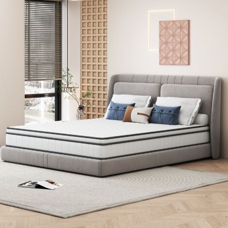 Matelas ressorts 140x200 cm, structure à ressorts à trois côtés, ressorts ensachés, cadre gris, hauteur 25 cm, tissu 3D respirant, style simple et élégant, adapté à différents styles de chambre
