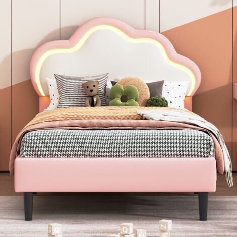 Lit simple capitonné 90x200 cm, avec lumières LED en tête de lit, avec sommier à lattes et dossier en forme de nuage, adapté aux adolescents et aux enfants,Rose (1/5)