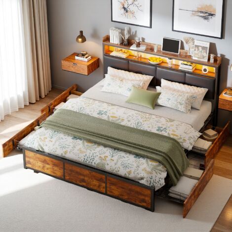Dans Les Nuages – Lit adulte 180x200 cm avec 4 tiroirs en fer – Éclairage LED intégré – Cadre métal robuste – Revêtement PU facile à nettoyer
