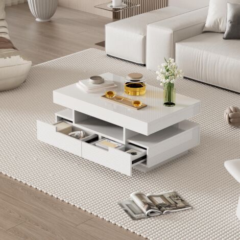 Table Basse Blanche Brillante Avec LED RGB – 2 Niveaux, Design Moderne – 110 X 60 X 39 Cm – Pour Salon