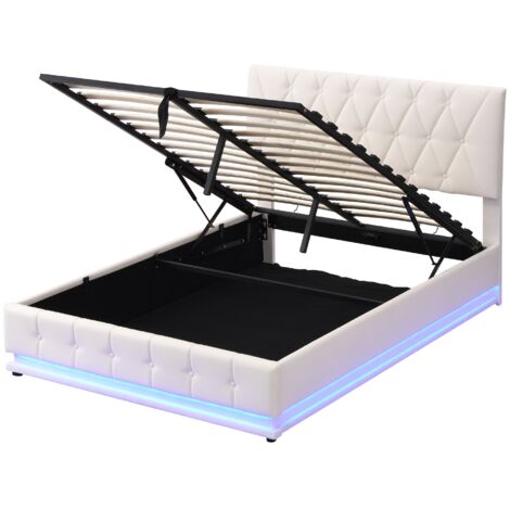 Lit Coffre 140x190 Avec éclairage LED Et Multiprise - Sommier à Lattes En Bois, Rangement Hydraulique, Velours Blanc