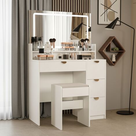 Coiffeuse 90x40x132 Cm En Mdf Blanc Avec Miroir Et Éclairage LED Dimmable 3 Couleurs, 5 Tiroirs - Coiffeuse - Tabouret