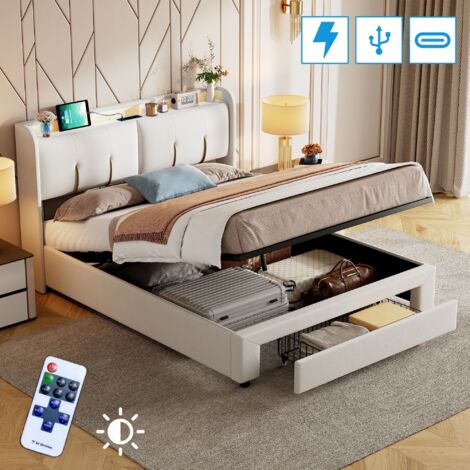 Lit Tête De Lit Led 140x200 Avec Tiroirs Et LED - Tête De Lit Rembourrée - Ports USB - Blanc - 300 Kg Max Lit Double