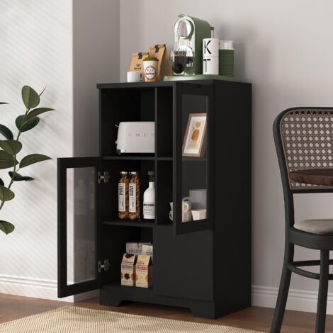 Eifson – Buffet moderne 65x30x100 cm – 2 portes vitrées – 1 tiroir – MDF laqué noir – Meuble de rangement pour chambre et salon (1/5)